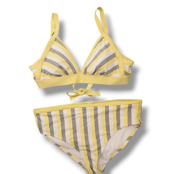 Kona Sol  2pc Bikini Plus Size 1X Yellow Gray White Striped Triangle Swim Beach - Picture 1 of 14